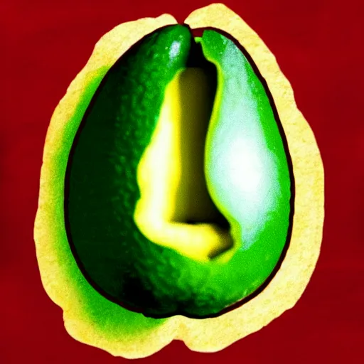 Image similar to bob ross as an embryo inside an avocado