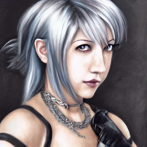 Image similar to portrait of tifa lockhart with silver hair, detailed background, trending on artstartion