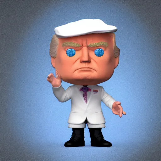 Image similar to full body 3d render of donald trump as a funko pop, studio lighting, white background, blender, trending on artstation, 8k, highly detailed