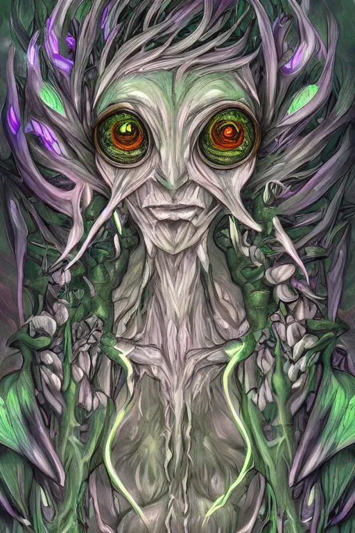 Image similar to a glowing humanoid figure plant monster with large eyes, highly detailed, digital art, sharp focus, trending on art station, plant, anime art style