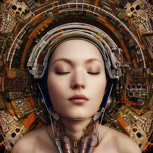 Image similar to tapping in to something greater, serene power, piles of modular synth cables, goddess laying down wearing a headpiece made of circuit boards, by cameron gray, wlop, stanley kubrick, masamune, hideki anno, unique perspective, trending on artstation, 3 d render, vivid