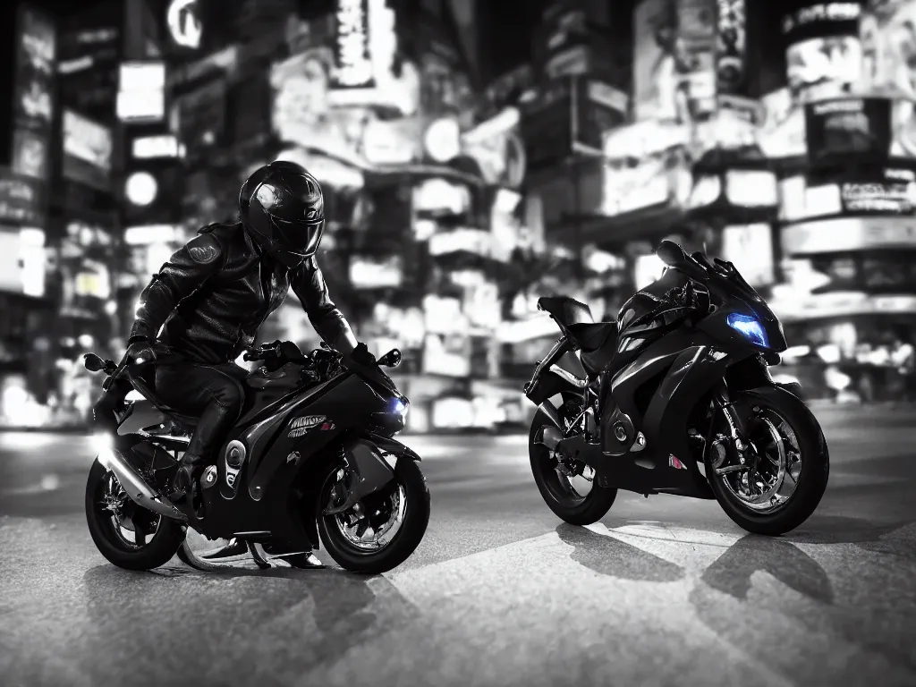 Image similar to a Photorealistic hyperdetailed hyper realistic dramatic moody Low angle night time close up render of a lone biker speeding on a GSX R1000 in the middle of busy shibuya crossing Tokyo,multiple long light trails,Beautiful dramatic moody tones and lighting,cinematic atmosphere,photorealism,8K