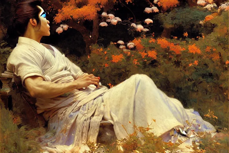 Prompt: wuxia, autumn, male rest in the garden, apricot flower falling, painting by gaston bussiere, craig mullins, j. c. leyendecker