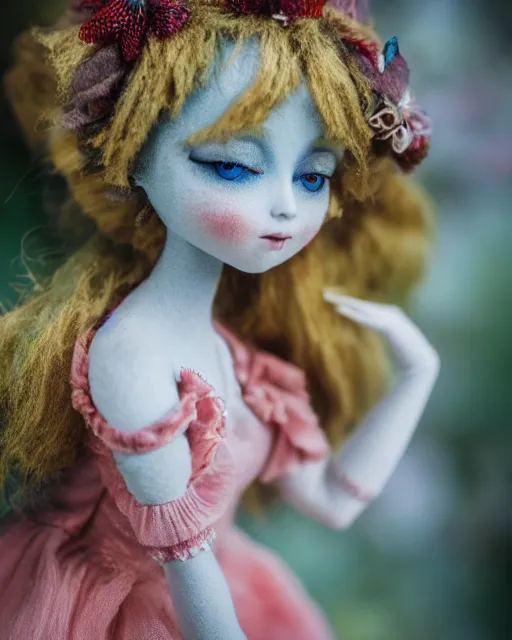 Image similar to high quality presentation photo of a detailed fairy doll in the style of Nicoletta Ceccoli, photography 4k, f1.8 anamorphic, bokeh, 4k, Canon, Nikon