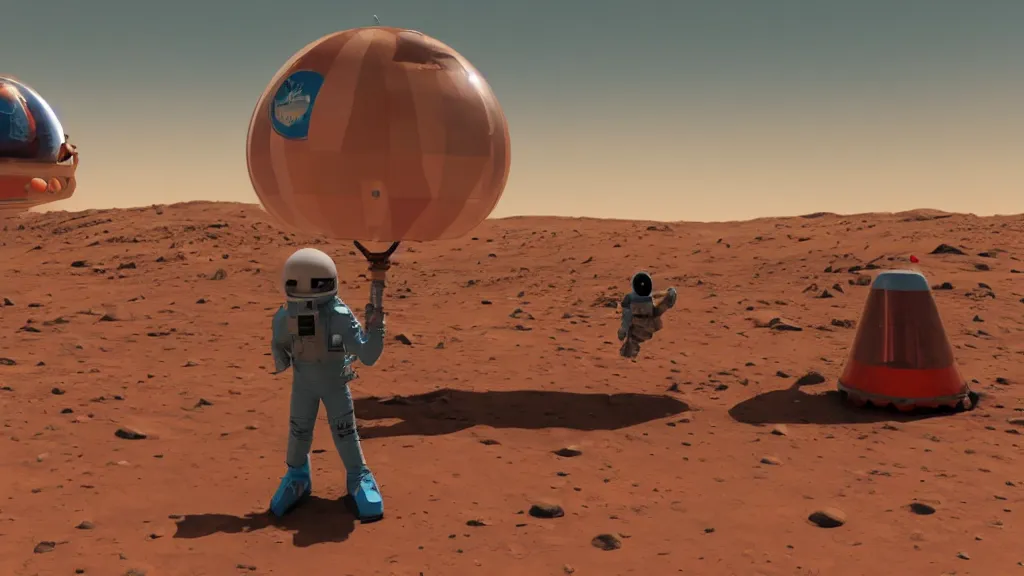 Image similar to a bounce house on mars, big mistake, several men in space gear look up to see an astronaut miles high, created in unreal engine 5, incredible detail