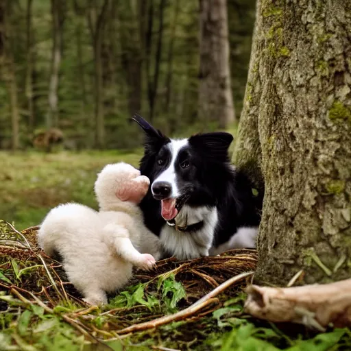 Image similar to a border collie protecting both a human baby and a fledgling who are both in a nest in a forest, beautiful, golden hour, impressionist