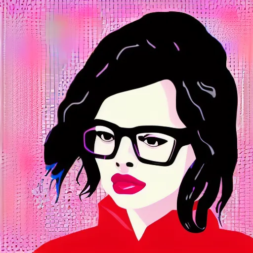 Prompt: a portrait of my wife who has black hair, and wears glasses in retro colors, synthwave style, 2 d digital vector art