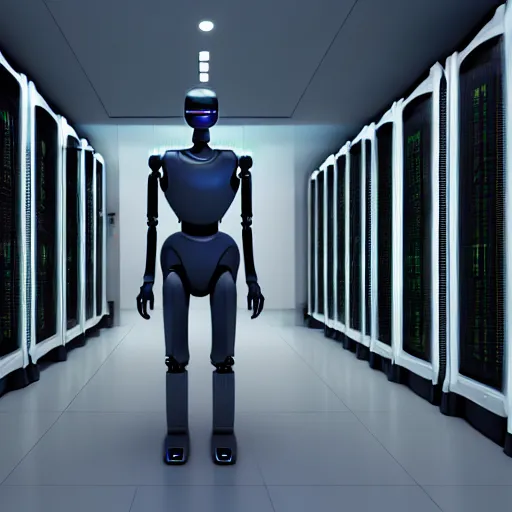 Image similar to hyperrealism stock photo of highly detailed stylish humanoid robot in sci - fi style by gragory crewdson and vincent di fate in the highly detailed data center by mike winkelmann and laurie greasley rendered in blender and octane render