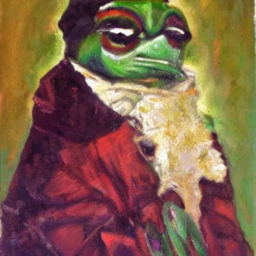 Prompt: pepe love, ancient, history, oil painting