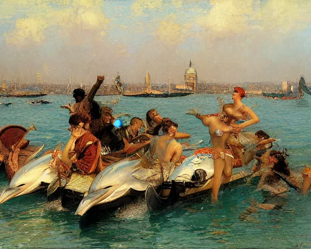 Prompt: dolphins swimming and jumping in venice, painting by gaston bussiere, craig mullins, j. c. leyendecker