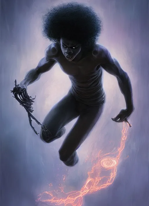 Prompt: fantasy changeling black kid with long curly hair playing electric guitar, between worlds, dim light, half n half ront game card, marvel comics, dark, intricate, highly detailed, smooth, artstation, digital illustration by ruan jia and mandy jurgens and artgerm and wayne barlowe and greg rutkowski and zdislav beksinski