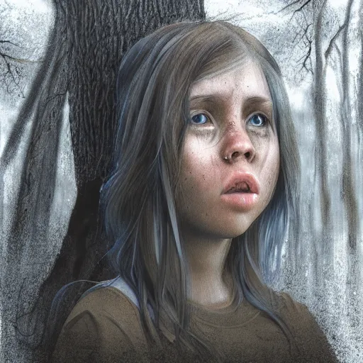 Image similar to a crying girl in the woods, sci - fi, detailed portrait, 3 d