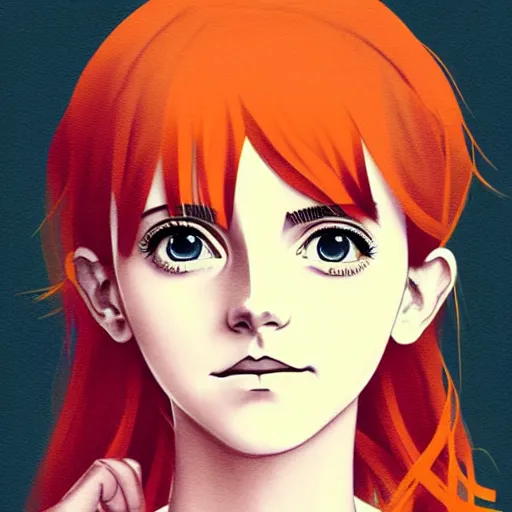 Prompt: beautiful anime girl, Emma Watson, orange glowing hair, sarcastic smiling, clear clean face, symmetrical face, style by Loish, Norman Rockwell, painterly style, flat illustration, high contrast