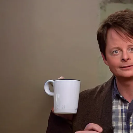 Prompt: Michael J Fox drinking holding mug with a poop emoji