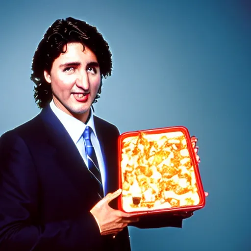 Image similar to Justin Trudeau holding authentic quebec poutine for a 1990s sitcom tv show, Studio Photograph, portrait