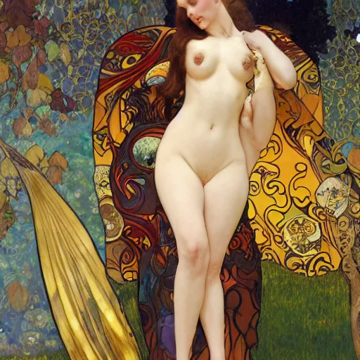 Prompt: Gianna Michaels photographed by Robert McGinnis and Julie Bell and Zeronis and alphonse mucha, background by James Jean and gustav klimt, 4k,