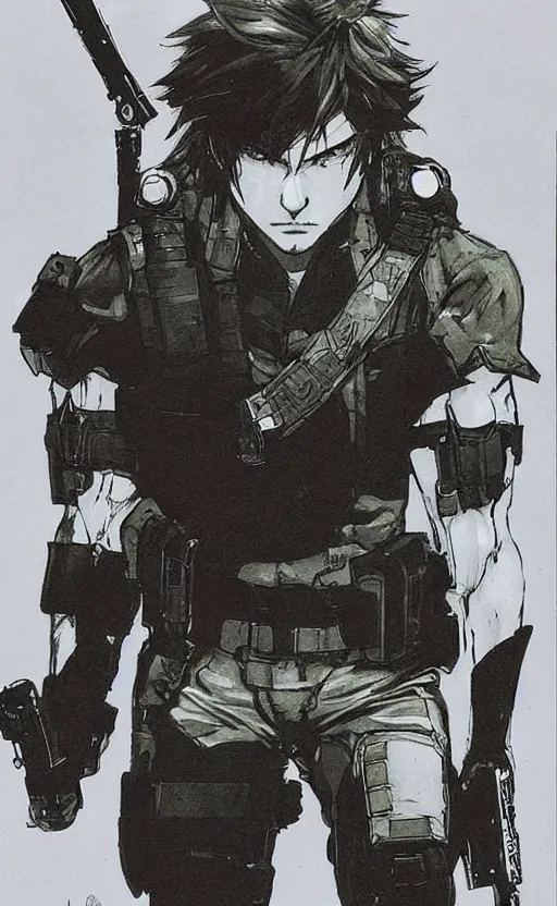 Image similar to solid snake by yoshitaka amano, final fantasy metal gear cover art, concept art