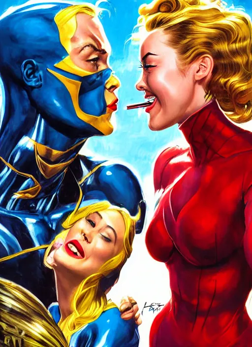 Image similar to brie larson and amber heard kissing as comic book super villains, full body portrait, natural lights, photorealism, dramatic, cinematic, art by artgerm, rossdraws, norman rockwell, magali villeneuve, gil elvgren, alberto vargas, earl moran, enoch bolles