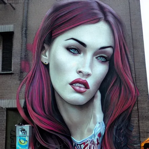 Prompt: Street-art portrait of Megan Fox in style of Etam Cru