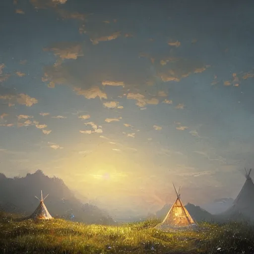 Prompt: an abandoned teepee on the top of a hill, sunrise, greg rutkowski, 8 k, shallow depth of field, intricate detail, concept art,