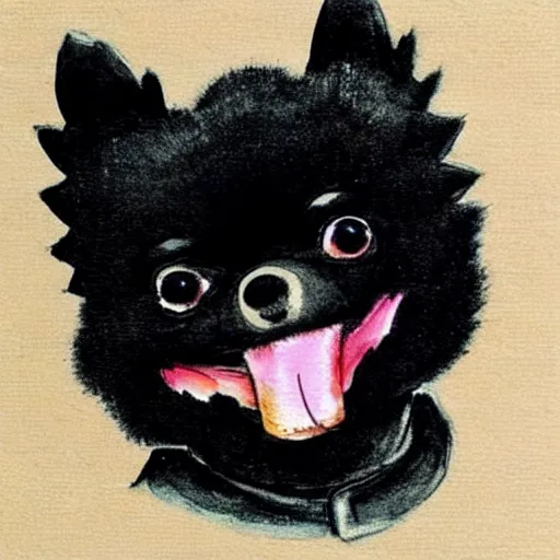 Prompt: a cute black robot pomeranian!!!. ( ( ( alcohol ink on parchment, muted colors, shading!!!, detailed, textured parchment background, 1 9 5 0 s concept art ) ) )