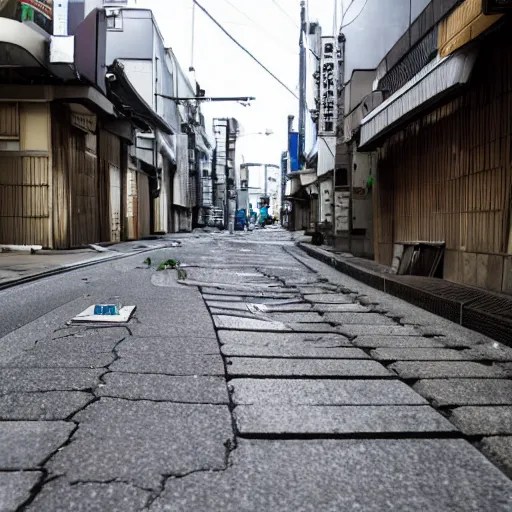 Prompt: abandoned street of tokyo with stone of people