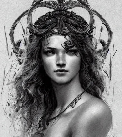 Prompt: beautiful young aphrodite goddess, archer, realistic face, beautiful piercing eyes, black and white drawing, in the style of greg rutkowski, fantasy, amazing detail, epic, intricate, elegant, smooth, sharp focus