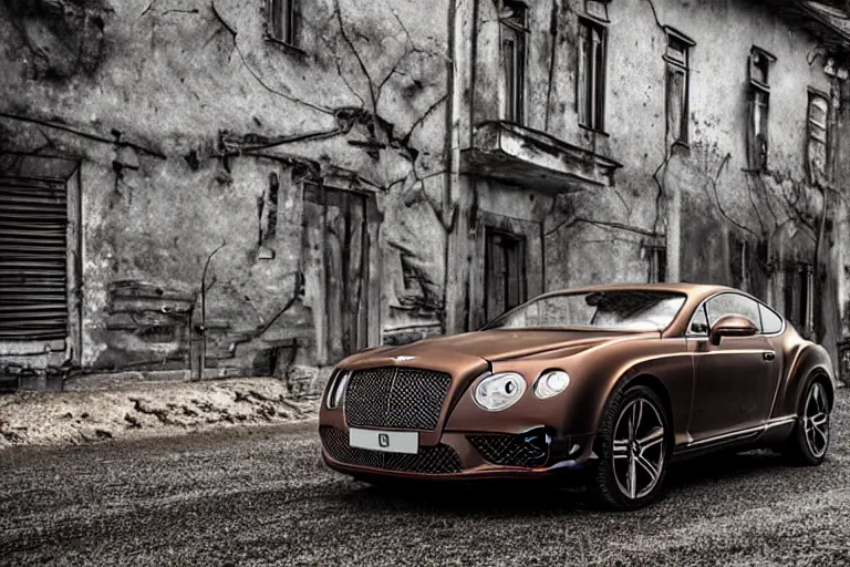 Image similar to modern rusty matte tired Bentley Continental GT without gloss no reflections drives along the road of an old Russian village with houses at the edges