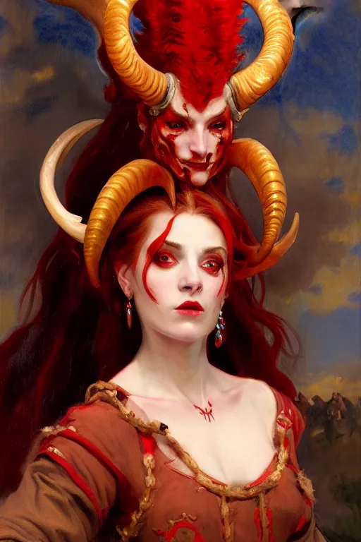 Image similar to painted close - up portrait of a attractive red - skinned intimidating demon girl with ram horns! oil painting, wearing a noblewoman's outfit, fantasy art by john singer sargent and gaston bussiere, and guillermo del toro, demon noble character design, hd