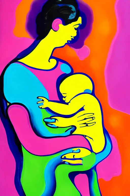 Image similar to a painting of a woman holding a baby, an ultrafine detailed painting by peter max and hernan bas and anna mond, featured on deviantart, metaphysical painting, biomorphic, fauvism, mixed media, photorealistic, dripping paint, palette knife texture, masterpiece