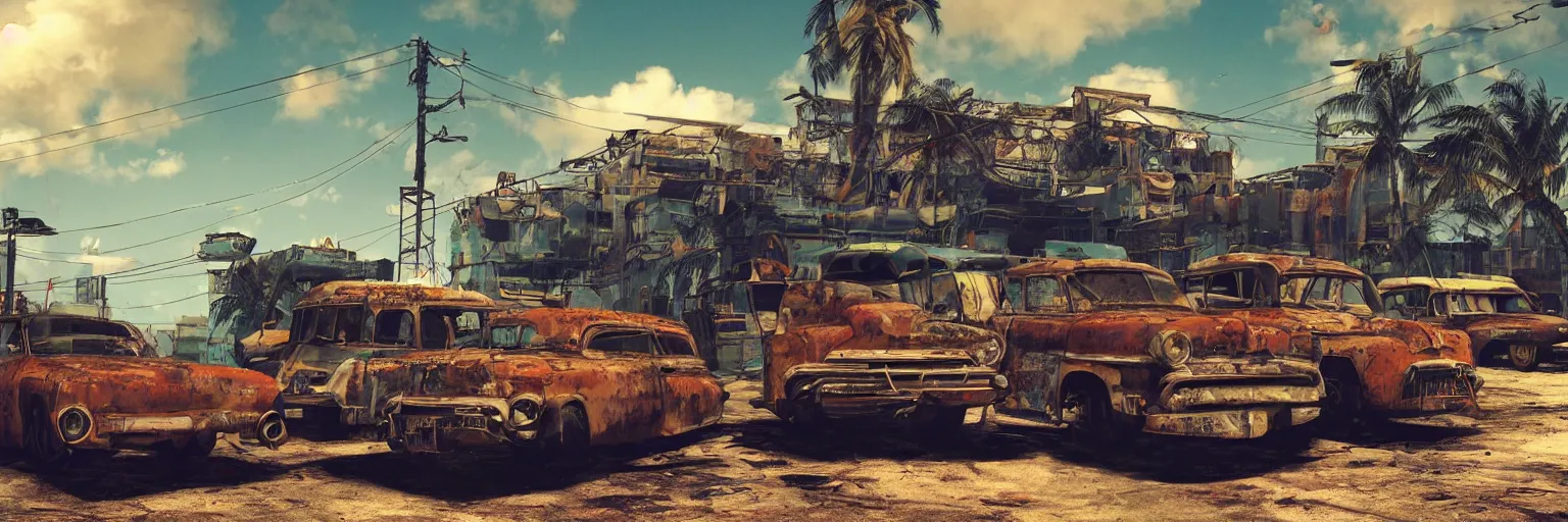 Image similar to fallout 5 : miami, outdoors ruined tropical city, rusted retro futuristic vintage styled parked vehicles like cars, buses, trucks, atmospheric lighting, painted, intricate, volumetric lighting, summer, sunny weather, few clouds, sharp focus, deep colours, ultra detailed, by leesha hannigan, ross tran, thierry doizon, kai carpenter, ignacio fernandez rios