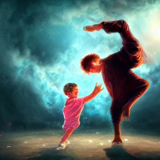 Image similar to Michal jackson dancing with a little kid in heaven, cinematic, beautiful digital painting, hyper detailed