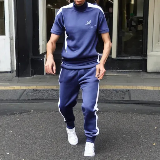 Prompt: skinny mixed race man wearing a tracksuit with trousers are half way down in london