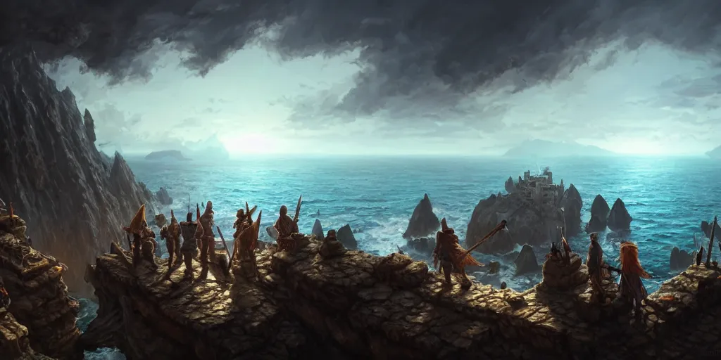 Image similar to D&D adventuring party facing away on cliff overlooking realistic shipwreck, naval background, portrait, magic the gathering artwork, D&D, fantasy, cinematic lighting, centered, symmetrical, highly detailed, digital painting, artstation, concept art, smooth, sharp focus, illustration, volumetric lighting, epic Composition, 8k, art by Akihiko Yoshida and Greg Rutkowski and Craig Mullins, oil painting, cgsociety