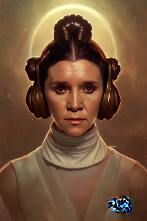 Image similar to portrait of princess leia, star wars, upper body, fantasy, intricate, elegant, highly detailed, digital painting, artstation, concept art, smooth, sharp focus, key light, illustration, art by artgerm and greg rutkowski and alphonse mucha