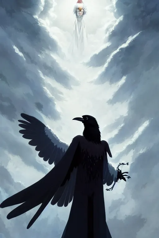 Image similar to raven headed warlock doing magic spells wind, white robes, finely detailed perfect face, exquisite details, mid view, design on a white background, by studio muti, greg rutkowski makoto shinkai takashi takeuchi studio ghibli