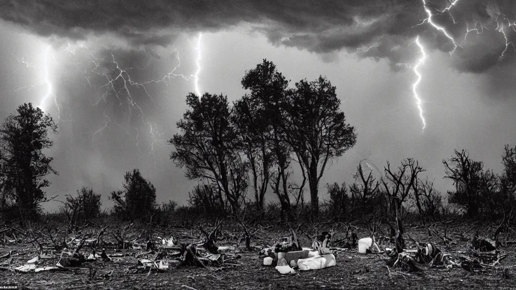 Prompt: a vision of climate change catastrophe, dark clouds, lightning, tornado, hails, hurricane winds, floods, as seen by a couple having picnic in a park with a forest of dead trees, moody, dark and eerie large-format photography