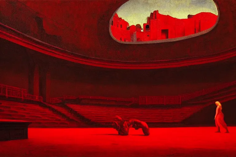 Image similar to only with red, a red melted emperor, taormina amphitheatre, crowd hails him, in the style of beksinski, parts by edward hopper, parts by rodcenko, parts by yue minjun, intricate and epic composition, red by caravaggio, insanely quality, highly detailed, masterpiece, red light, artstation, 4 k