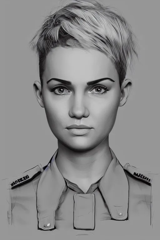Prompt: portrait of a military engineer woman with short white hair, wearing overalls, medium shot, portrait, concept art, vector line art, natural lighting, somber, solemn, serious, illustration, highly detailed, artstation,