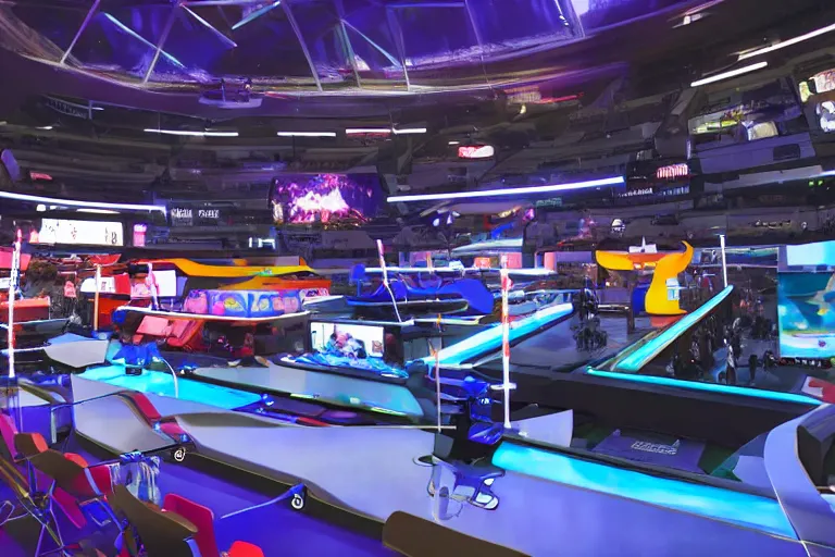 Prompt: futuristic high - tech tv show arena with mini games happening outside, wide angle, cinematographic shot, day