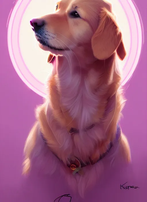 Prompt: Portrait of Kate Bishop petting Golden Retriever Dog, Marvel, Hawkeye, fantasy, symmetrical face, blush, intricate, cute, elegant, light purple mist, highly detailed, digital painting, artstation, concept art, matte, sharp focus, illustration, art by Artgerm and Greg Rutkowski and Alphonse Mucha