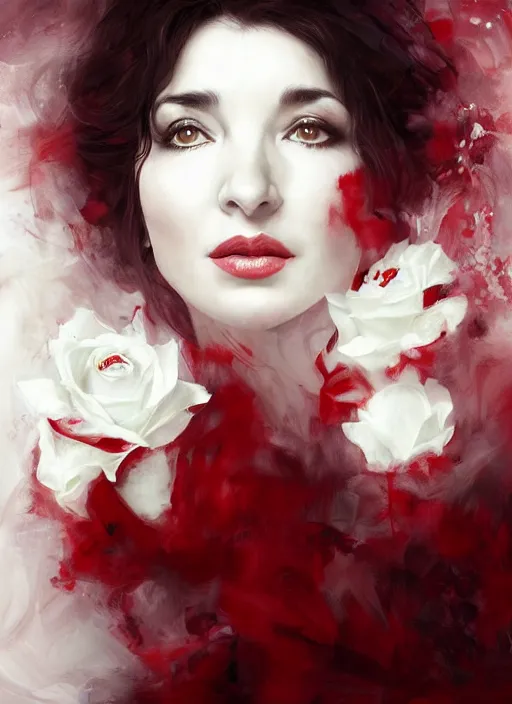 Image similar to portrait of kate bush against a red velvet background, lush black hair, pale skin, white roses, flowing material, intricate, beautiful cinematic lighting, stunning painting by artgerm, caravaggio, android jones, wadim kashin