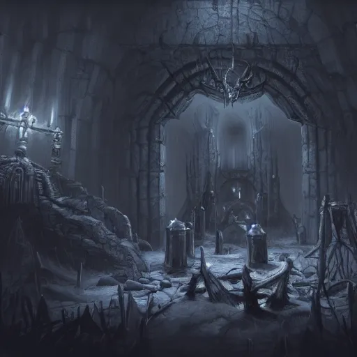 Prompt: A eerie, dark and mysterious, impressive, amazing concept art digital CG painting of a Necromancers lair, trending on ArtStation, Unreal Engine