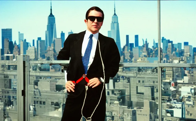 Prompt: color photo of a photomodel handsome wall street banker wearing suspenders. wearing aviator glasses in his office. cheering. new york city in the background. 8 0's style