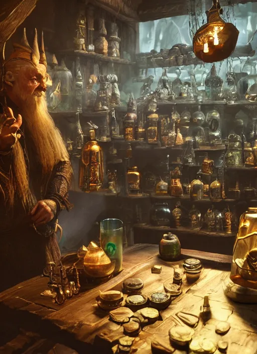 Prompt: potion seller in his store selling potions, ultra detailed fantasy, elden ring, realistic, dnd, rpg, lotr game design fanart by concept art, behance hd, artstation, deviantart, global illumination radiating a glowing aura global illumination ray tracing hdr render in unreal engine 5