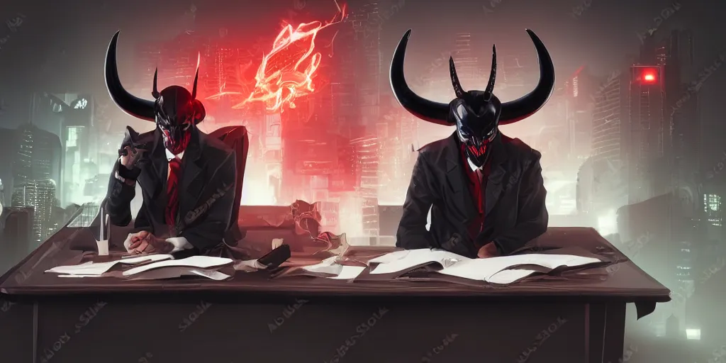 Image similar to dark lord sitting at desk large horns and suit, medium shot, portrait, semi realistic anime, red demon cyberpunk symbols