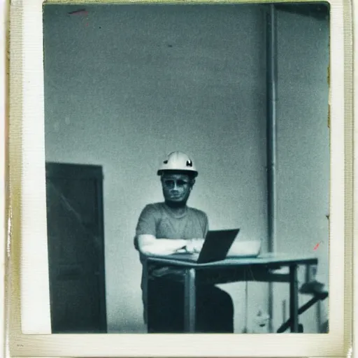 Image similar to a polaroid photo of man using a laptop inside in warehouse, he sitting on chair and small table, he's wearing blue cloth and construction hat, photo from behind, high details, perfect face shape