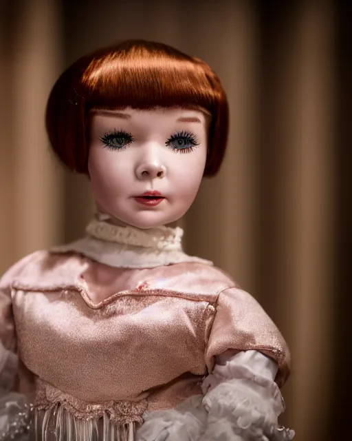 Image similar to high quality presentation photo of young Shirley MacLaine as a porcelain doll, photography 4k, f1.8 anamorphic, bokeh, 4k, Canon, Nikon