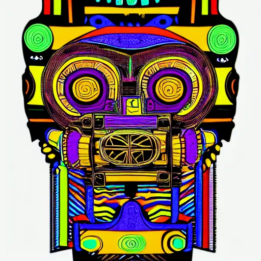 Image similar to hyperdetailed portrait of a aztec futurism punk robot head, 8 k, symetrical, flourescent colors, halluzinogenic, multicolored tshirt art, black background