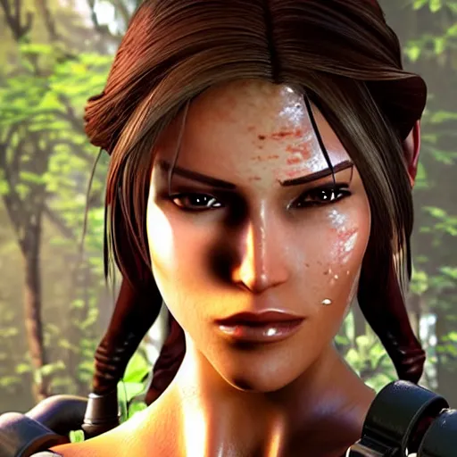 Image similar to dew, dew covers lara croft's face, focus on her face, sunlight, bloom effect